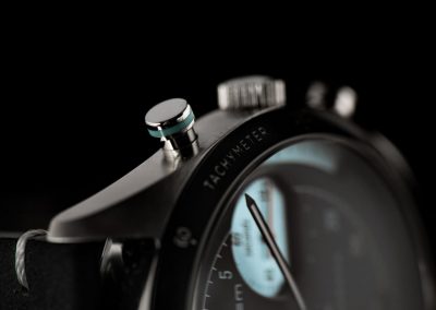 Chrono watch designed for ARPIEM. Button view.